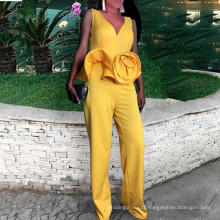 Sexy Bodycon Jumpsuits 2020 Spring Yellow Sleeveless Deep V Neck Flower Ruffles Plus Size Overall Slim Bodysuit for Party